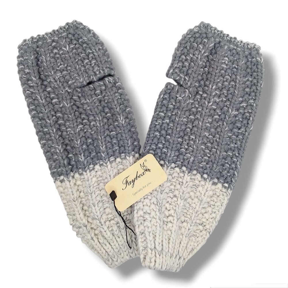 Faybox Fingerless Gloves Knit Gray Ivory OS Arm Hand Warmer Sleeve Fall NWT